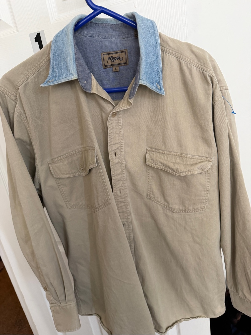 1990s Roper Men's Khaki Work Shirt Jacket with Denim Collar L